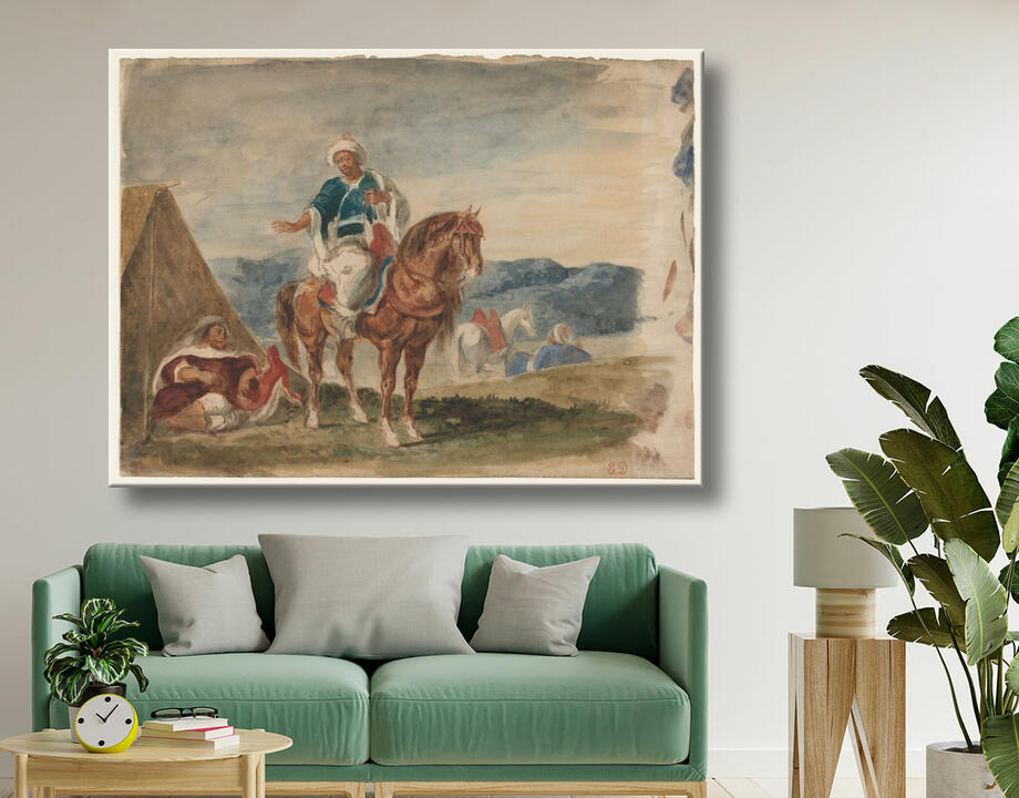 Eugène Delacroix : Trois cavaliers arabes dans un campement