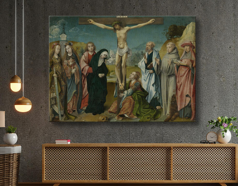 Cornelis Engebrechtsz : Le Christ en croix, avec Marie, Jean, Marie Madeleine et saintes Cécile et Barbara (à gauche) et Pierre, François et Jérôme (à droite)