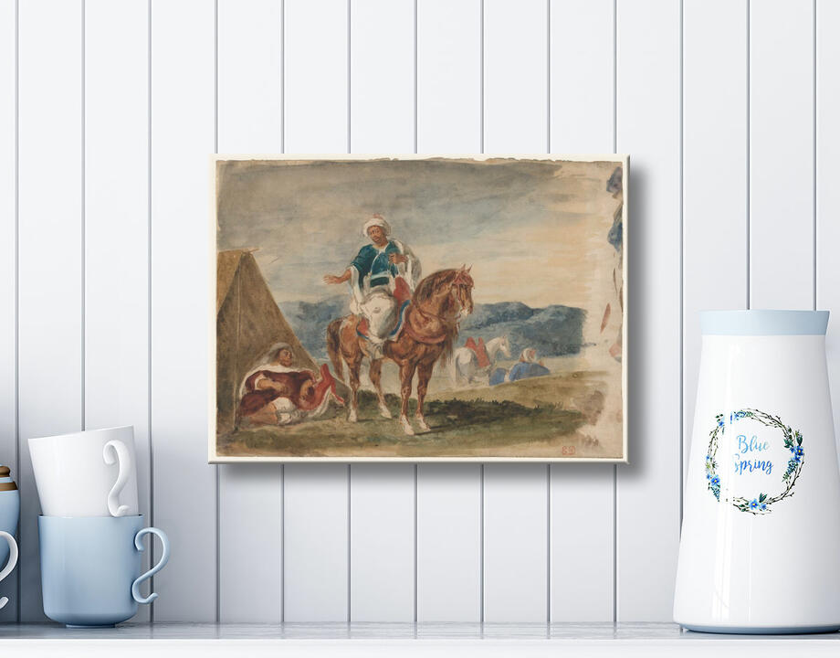 Eugène Delacroix : Trois cavaliers arabes dans un campement