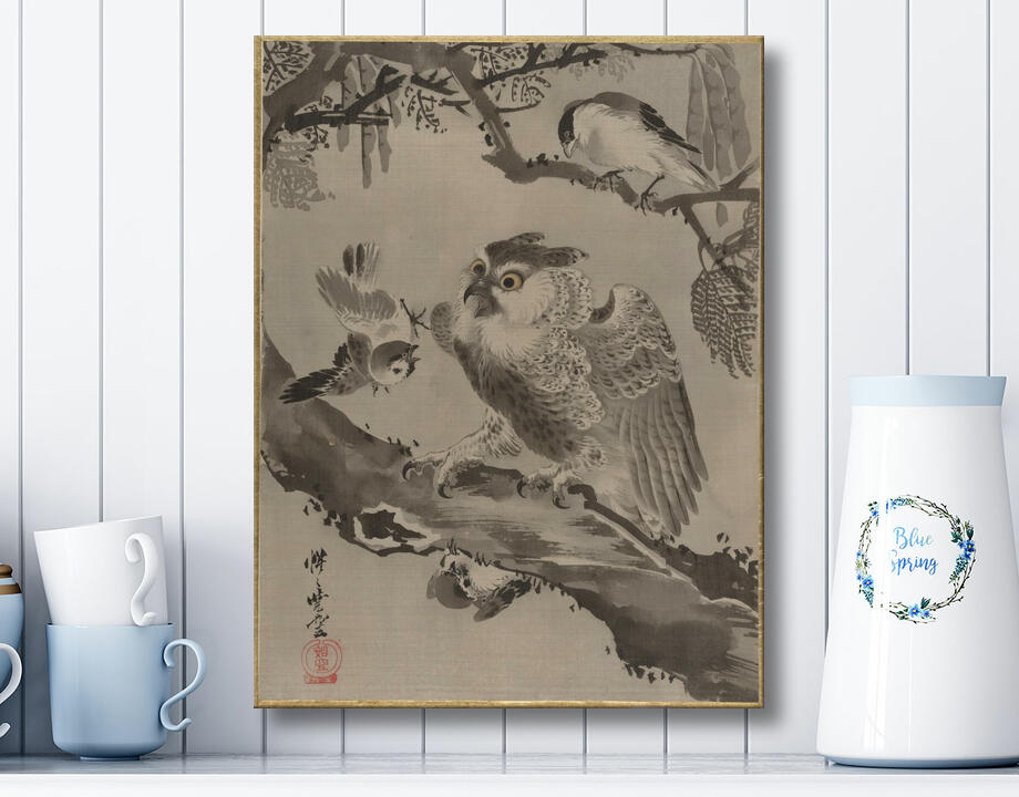 Kawanabe Kyōsai 河鍋暁斎 : Hibou moqué par les petits oiseaux