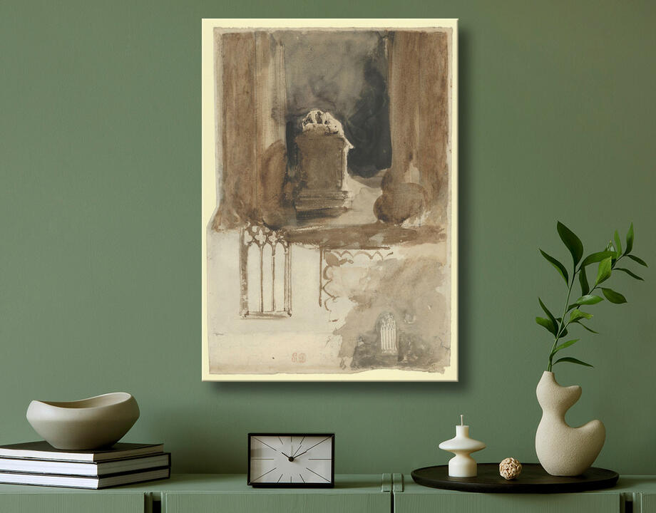 Eugène Delacroix : Une tombe et des études de fenêtres dans l'église de l'abbaye de Valmont (recto) ; Quatre études de chevaux (verso)