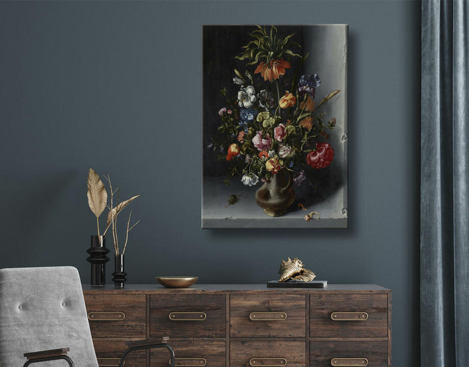 Jacob Vosmaer : Nature morte aux fleurs avec une couronne impériale dans une niche en pierre