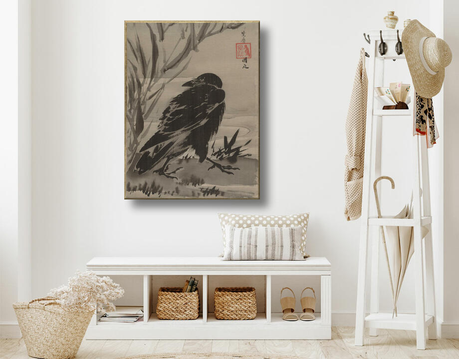 Kawanabe Kyōsai 河鍋暁斎 : Corbeau et roseaux par un ruisseau